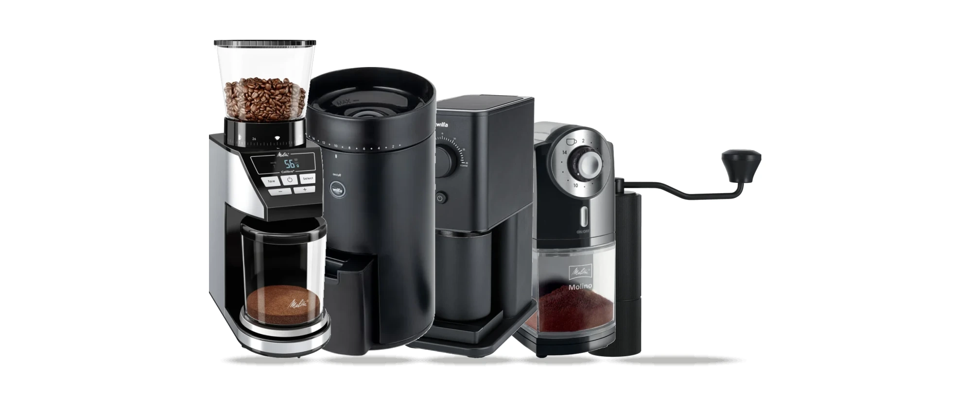 Melitta Calibra MEL22156 (1027-01), Wilfa Uniform Evo CG4B-S150 (svart), Wilfa Zense CG3B-125 (svart), Melitta Molino MEL21518, Clas Ohlson Kaffekvarn manuell liten (44-6605)