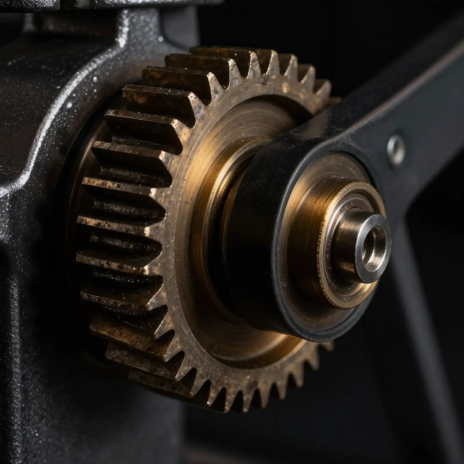 Närbild på kuggar och en drivrem i mörk metall, mekaniken som överför motorns kraft vidare till skålen.