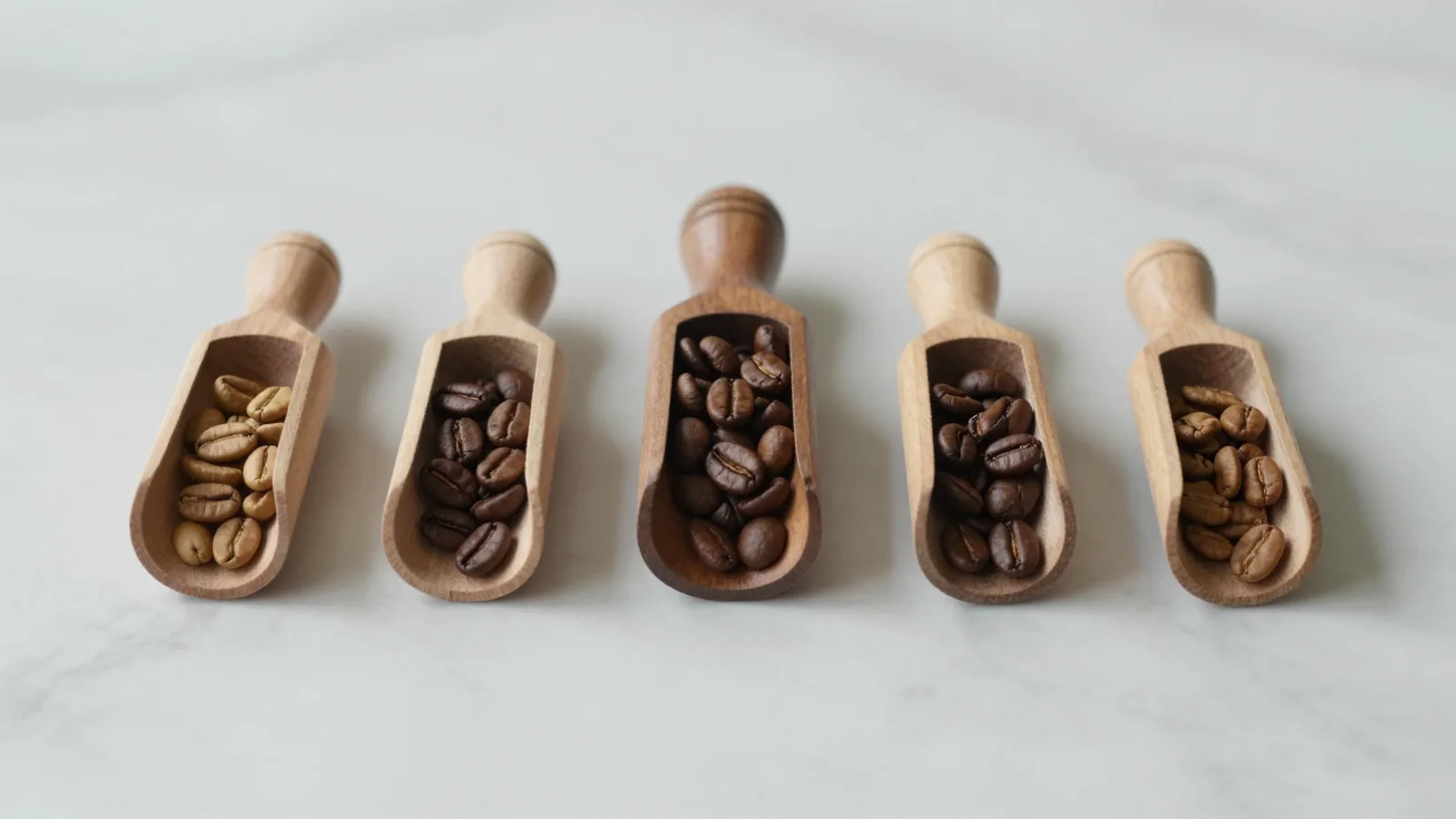 Fem trähandskopor med olika kaffebönor, från ljus till mörk rostning, uppradade på ljus marmorbänk.