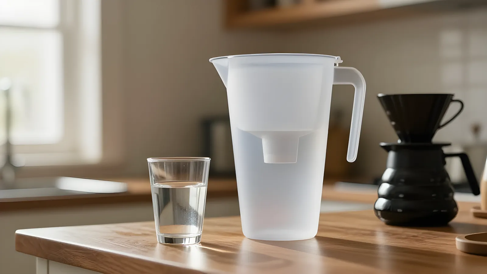En vit vattenfilterkanna i plast bredvid ett glas klart vatten på en köksbänk i trä, med en svart kaffebryggare för pour over synlig i suddig bakgrund vid ett fönster